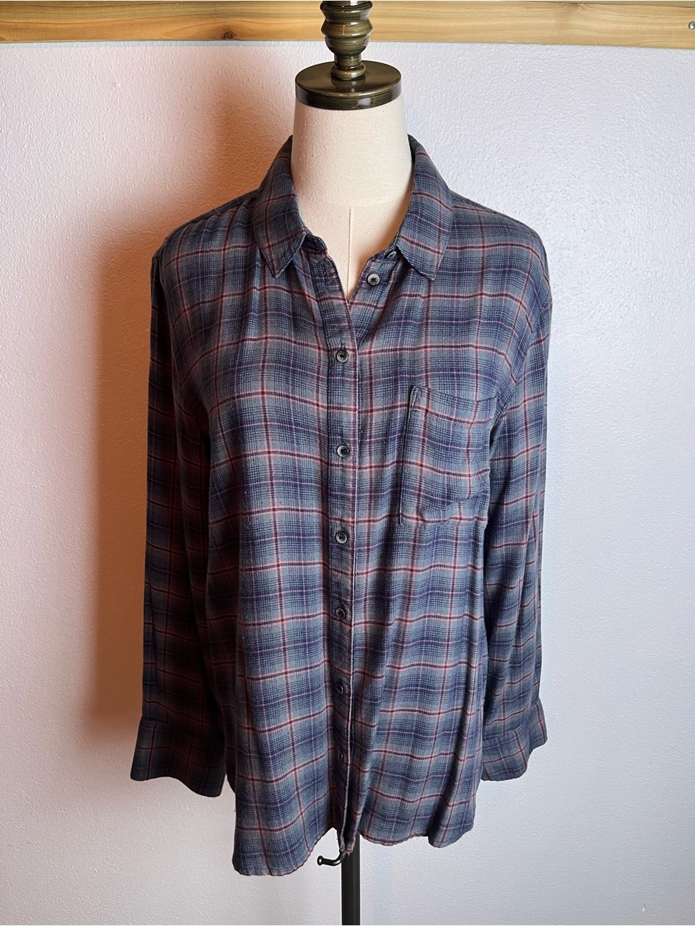 Treasure & Bond Navy & Rust Plaid Boyfriend Flannel Shirt